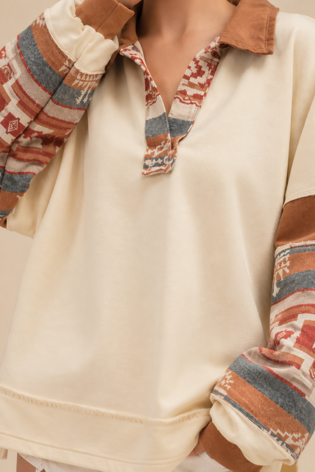 BiBi French Terry Knit and Aztec Print Mixed Top