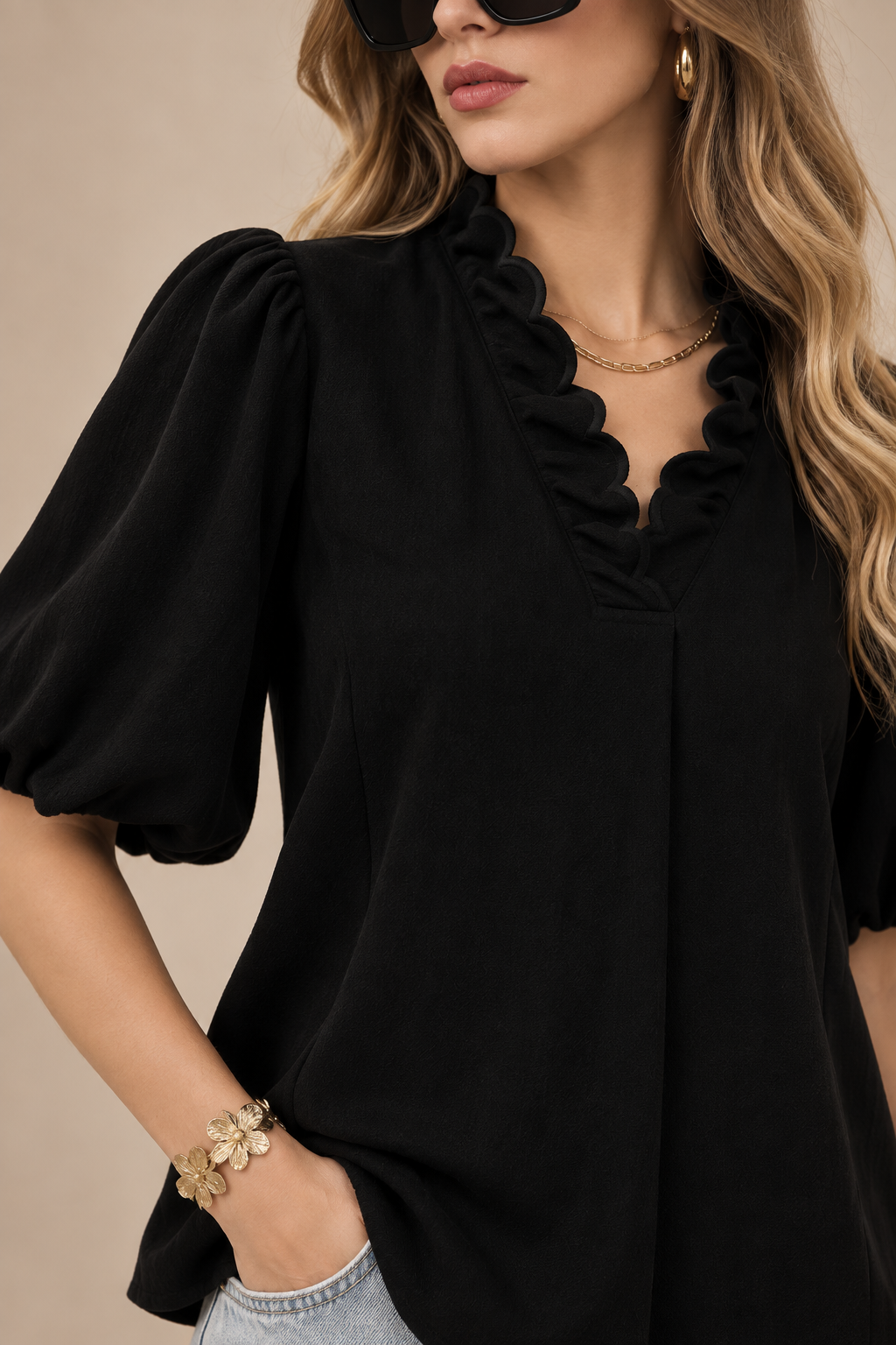Linen Scallop Trim V-Neck Blouse