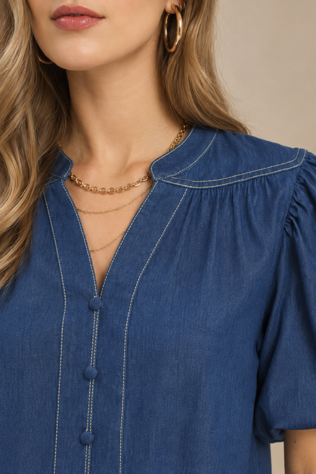 Vintage Denim Puff Sleeve Blouse | Women’s Cotton Denim Top
