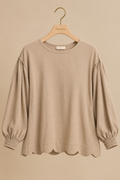 Linen Scallop Hem Long Sleeve Blouse