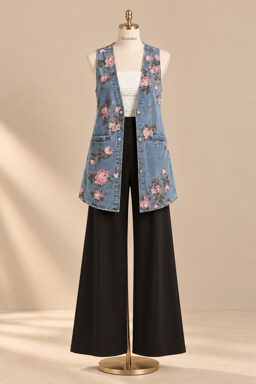 BiBi Floral Print Washed Denim Long Rider Vest