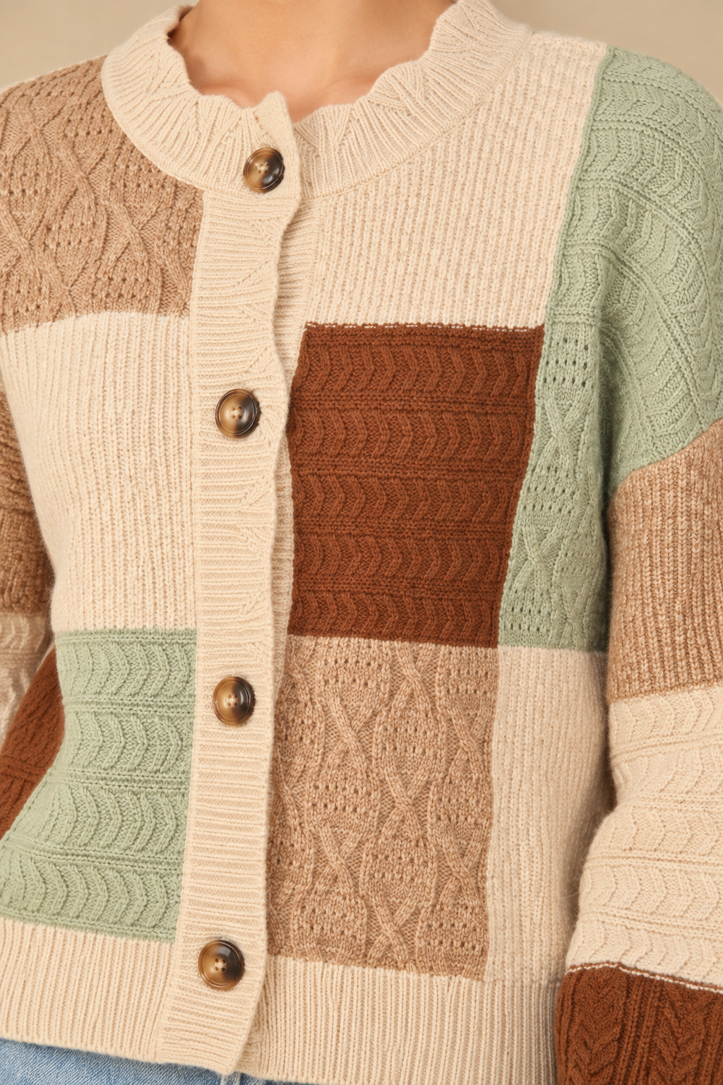 VERY J Color Block Button Down Textured Sweater Cardigan