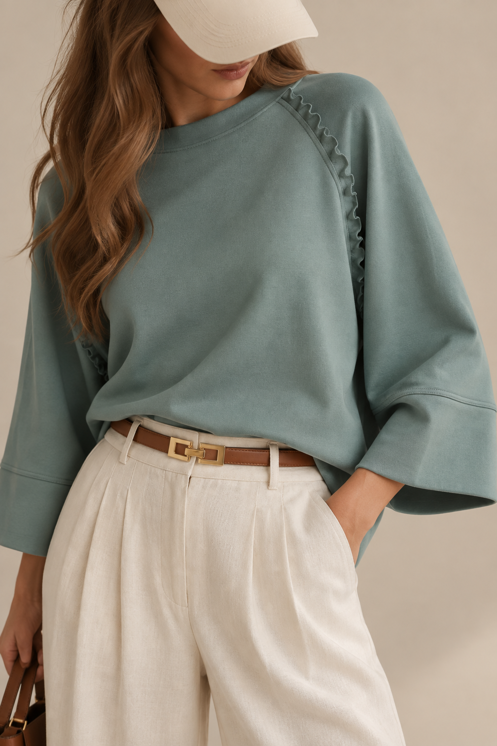Umgee Ruffle Trim 3/4 Raglan Sleeve Top