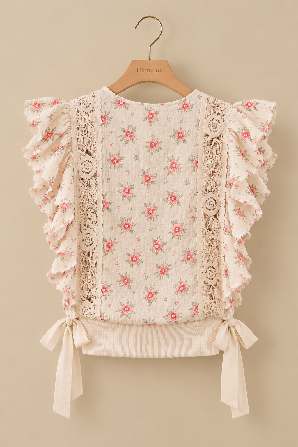 BiBi Flower Printed Ruffle Sleeve Trim Detail Top