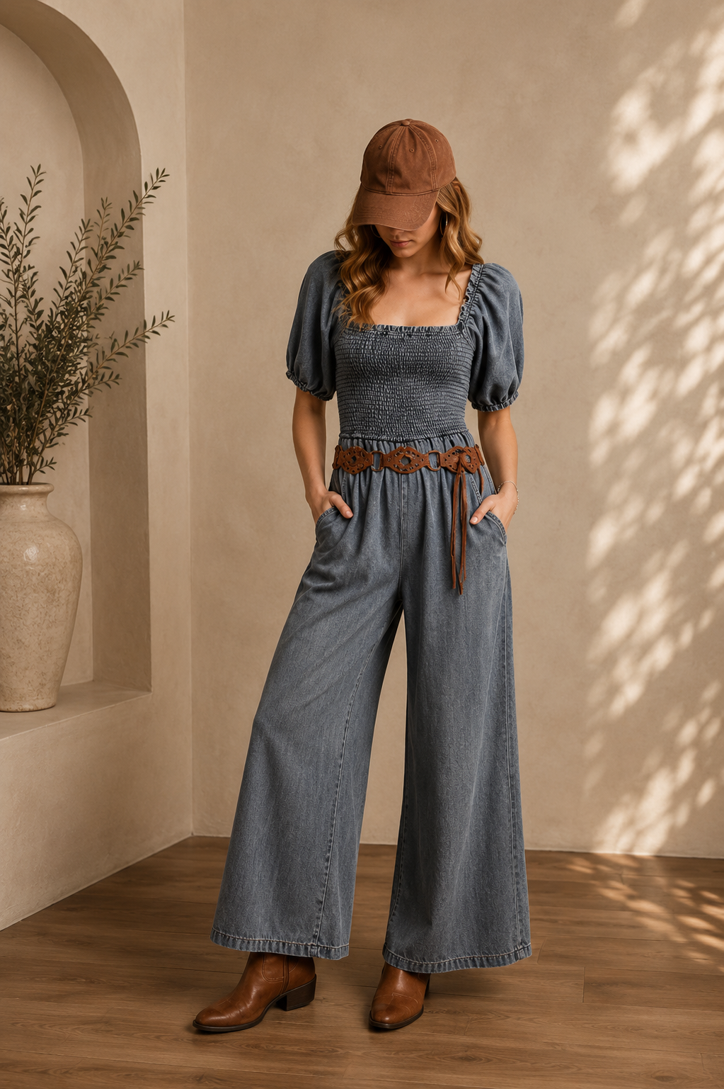 BiBi Smocked Washed Puff Sleeve Square Neck Denim Jumpsuit