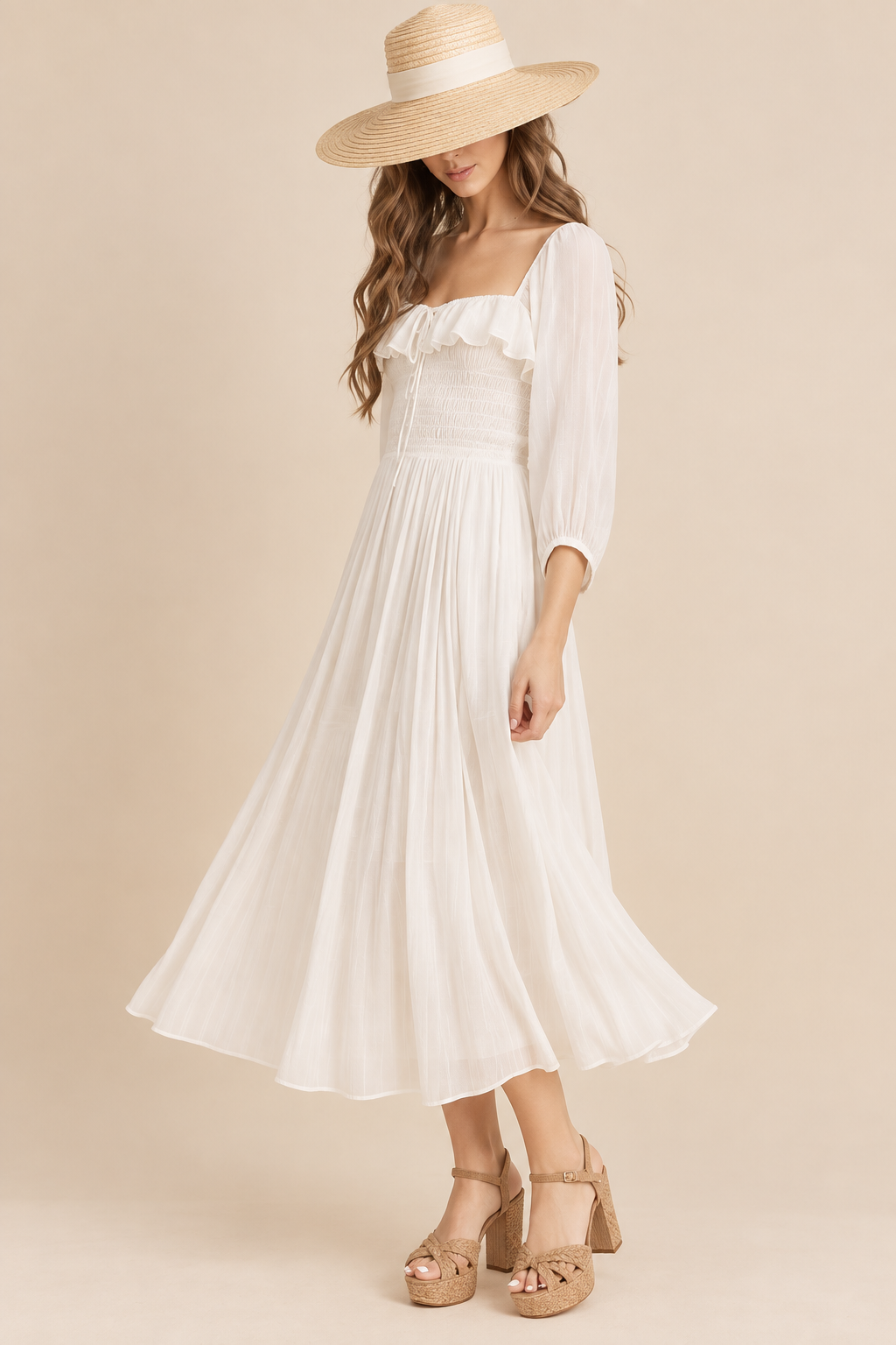 Ruffled Square Neck Balloon Sleeve Dress