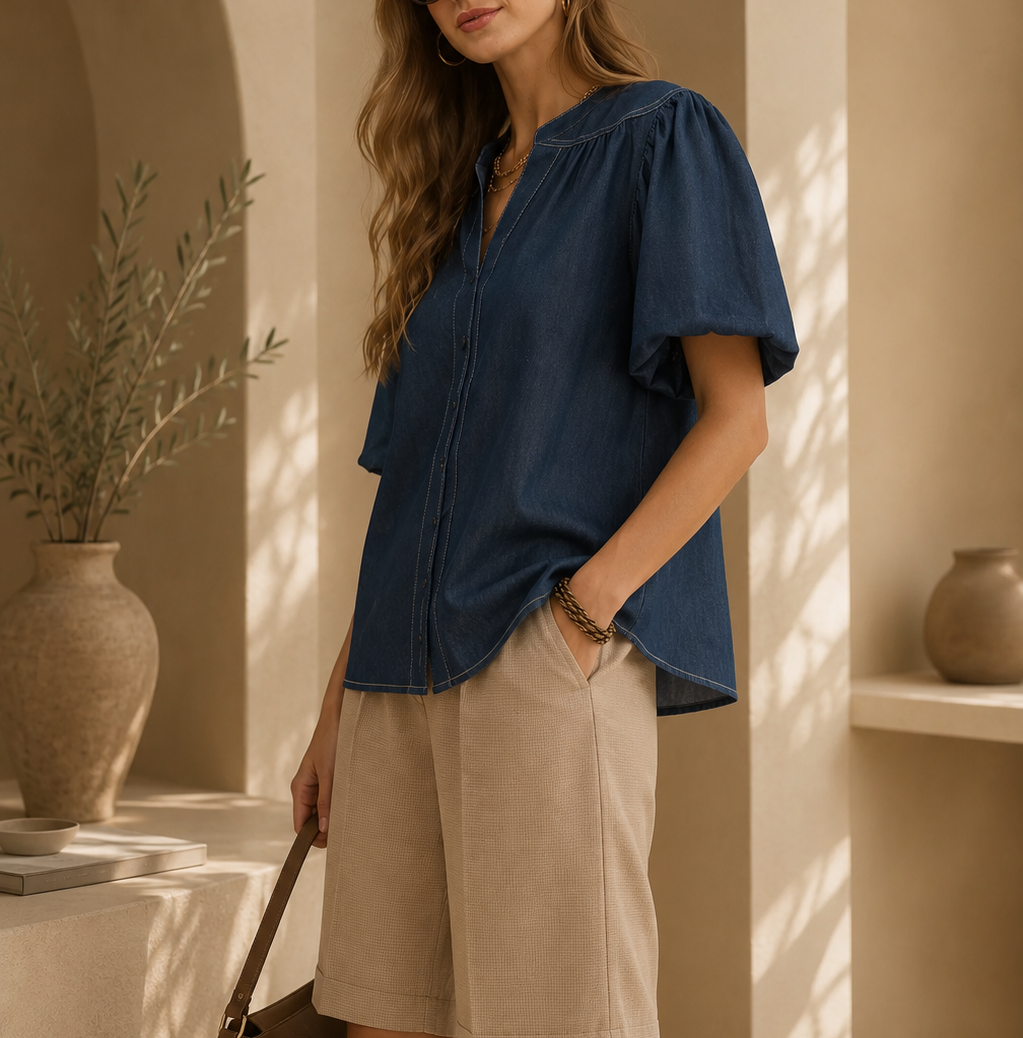 Vintage Denim Puff Sleeve Blouse | Women’s Cotton Denim Top