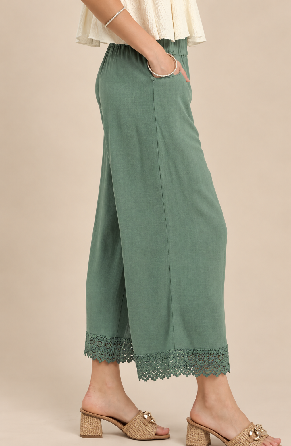 Umgee Linen Wide Leg Cropped Pants with Lace Trim