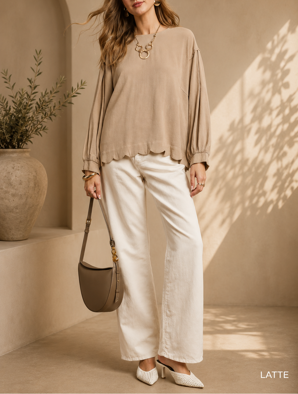 Linen Scallop Hem Long Sleeve Blouse