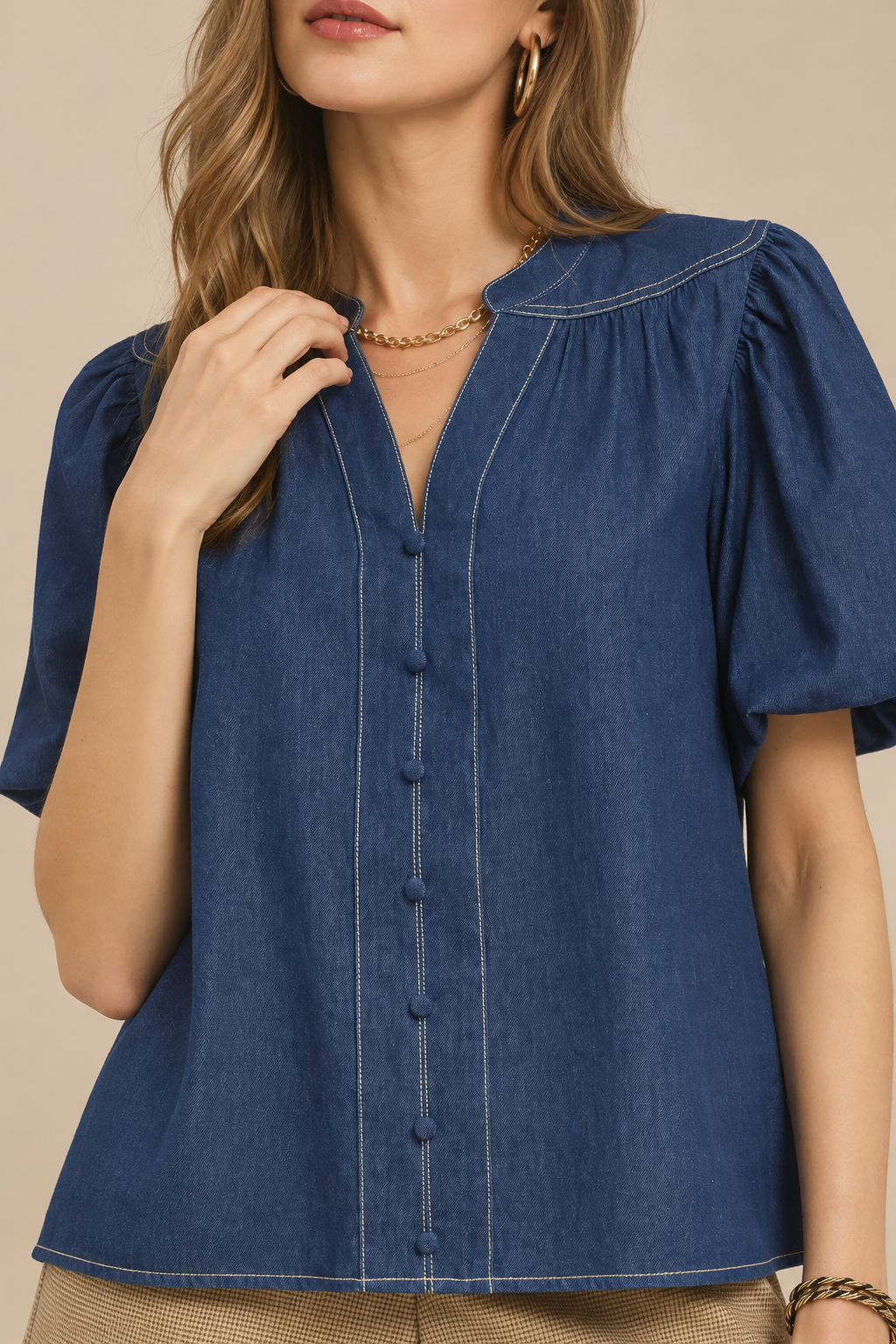 Vintage Denim Puff Sleeve Blouse | Women’s Cotton Denim Top