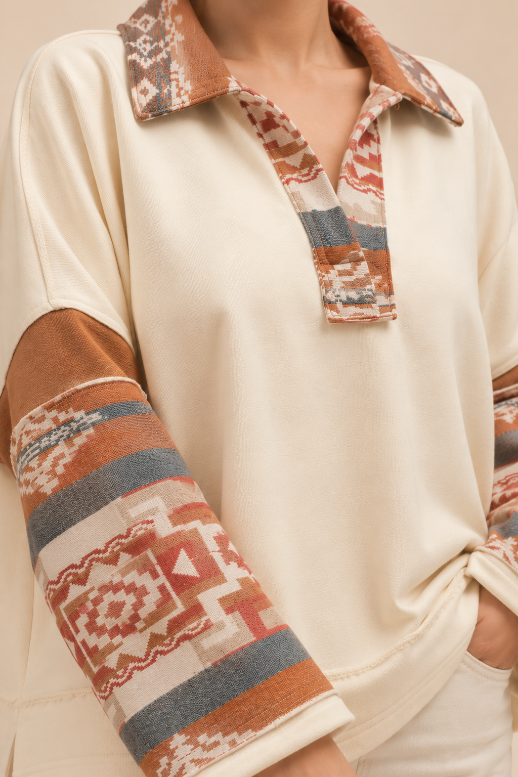 BiBi French Terry Knit and Aztec Print Mixed Top