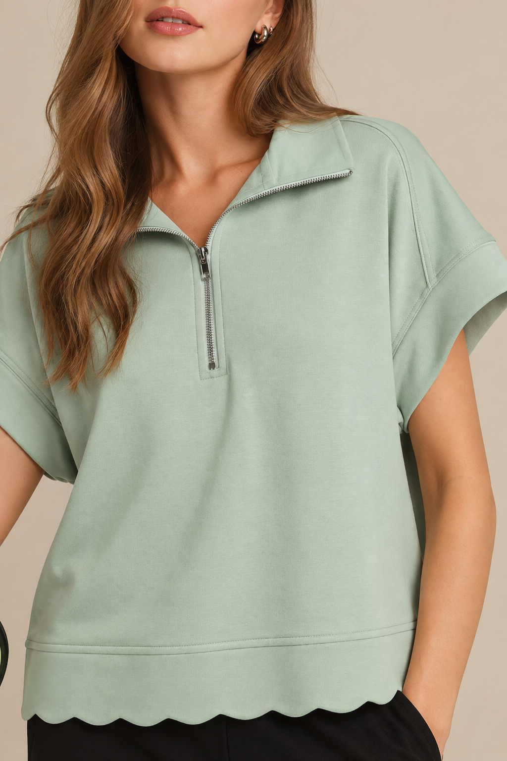 Half-Zip Scalloped Knit Pullover