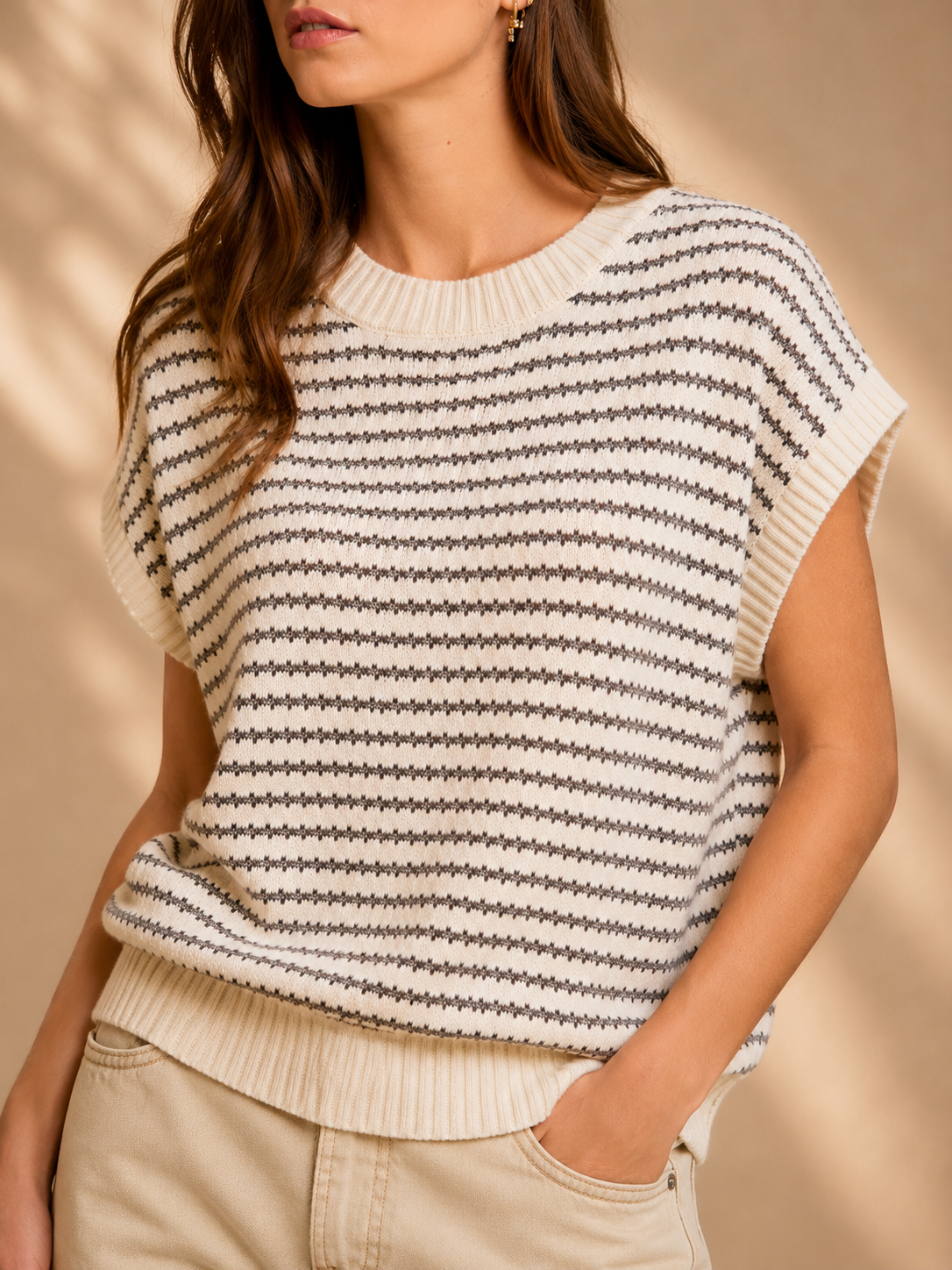 BiBi Pointelle Stripes Sleeveless Drop Shoulder Lightweight Sweater Top