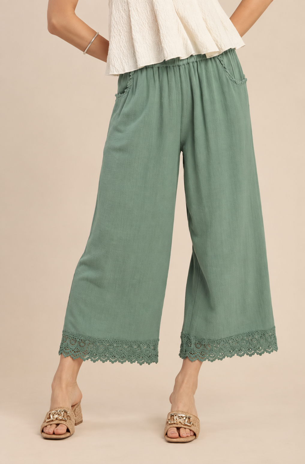 Umgee Linen Wide Leg Cropped Pants with Lace Trim