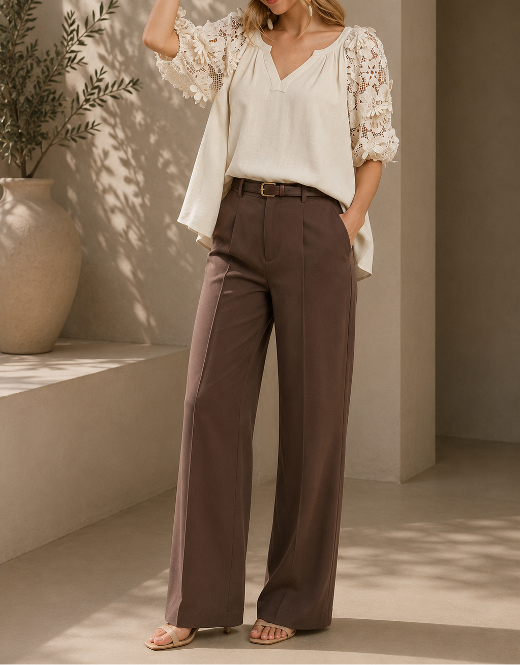 French Terry Boxy Top with Floral Lace Sleeves