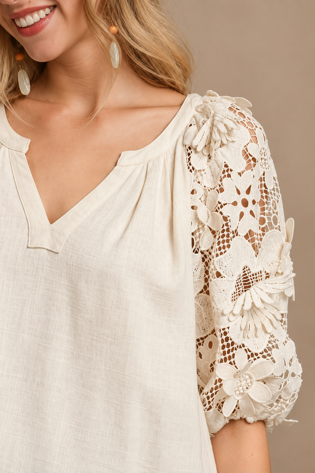 French Terry Boxy Top with Floral Lace Sleeves