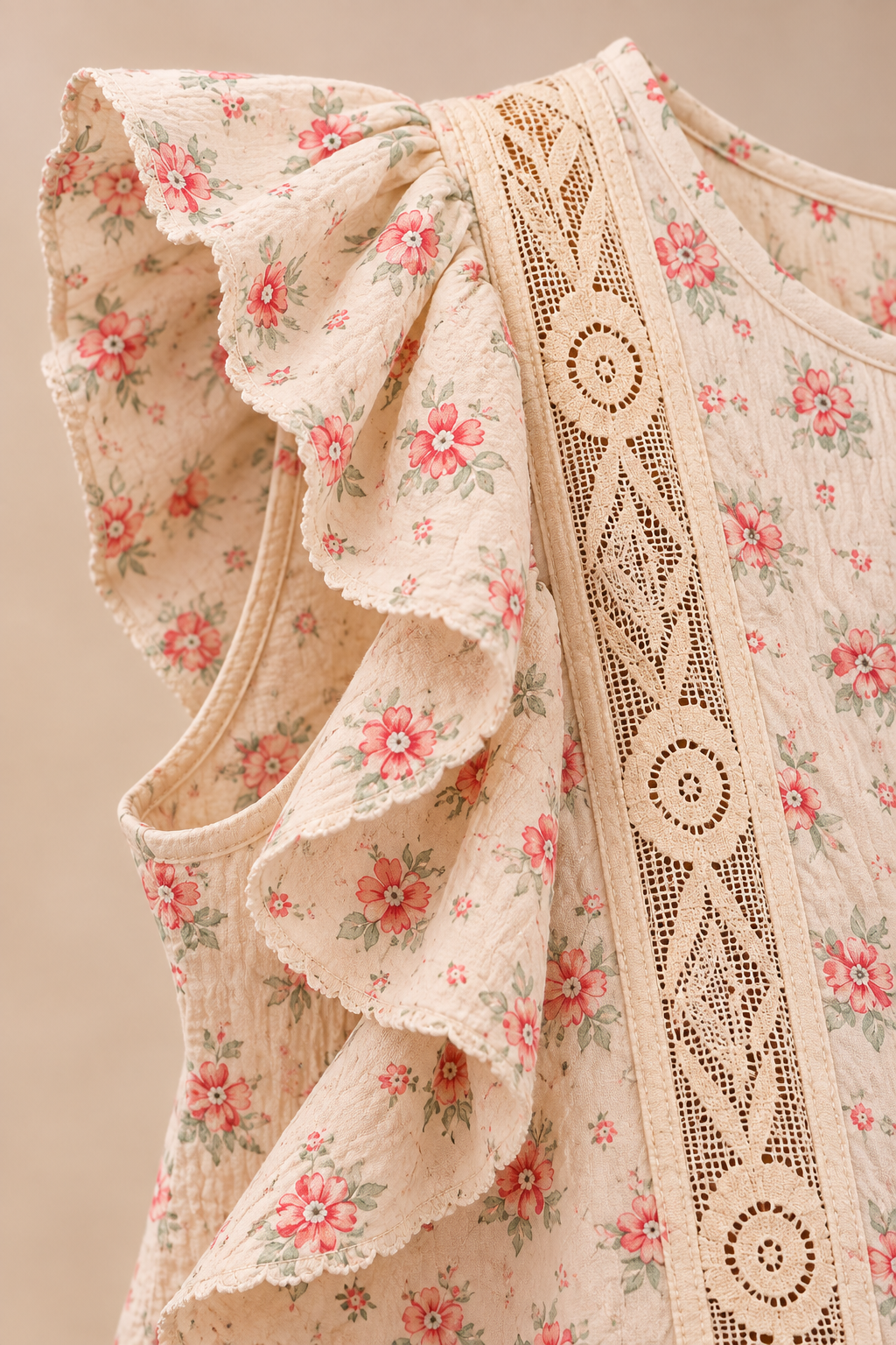 BiBi Flower Printed Ruffle Sleeve Trim Detail Top