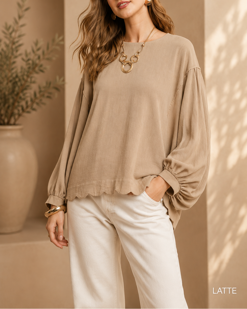 Linen Scallop Hem Long Sleeve Blouse