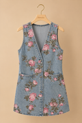 BiBi Floral Print Washed Denim Long Rider Vest