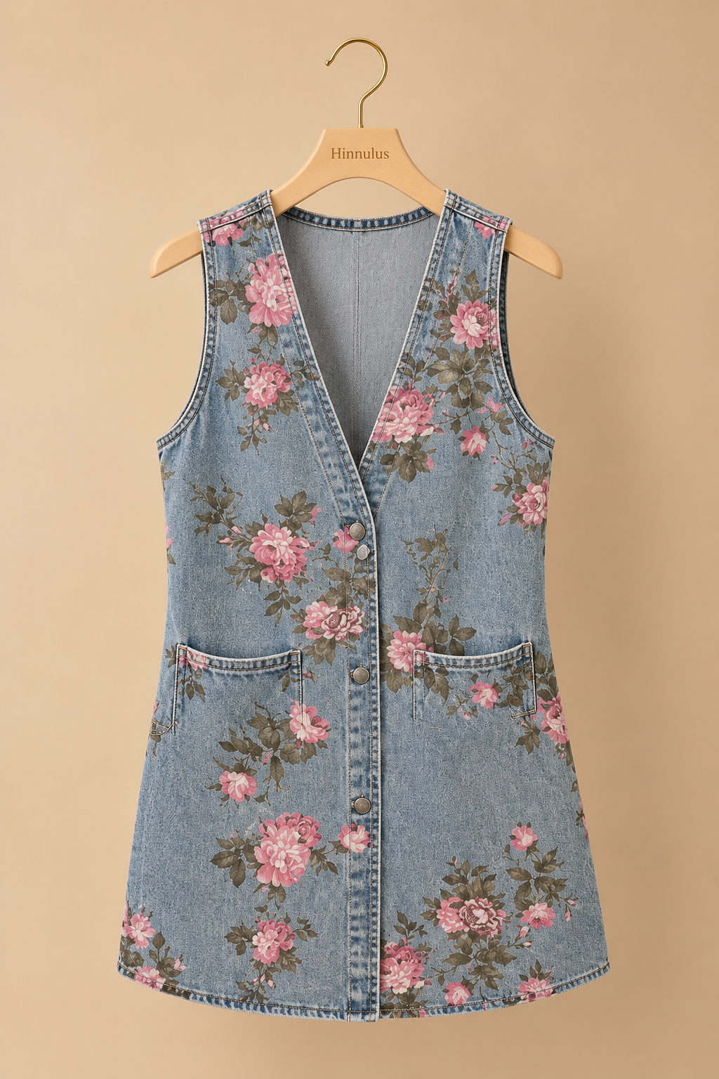BiBi Floral Print Washed Denim Long Rider Vest