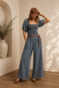 BiBi Smocked Washed Puff Sleeve Square Neck Denim Jumpsuit