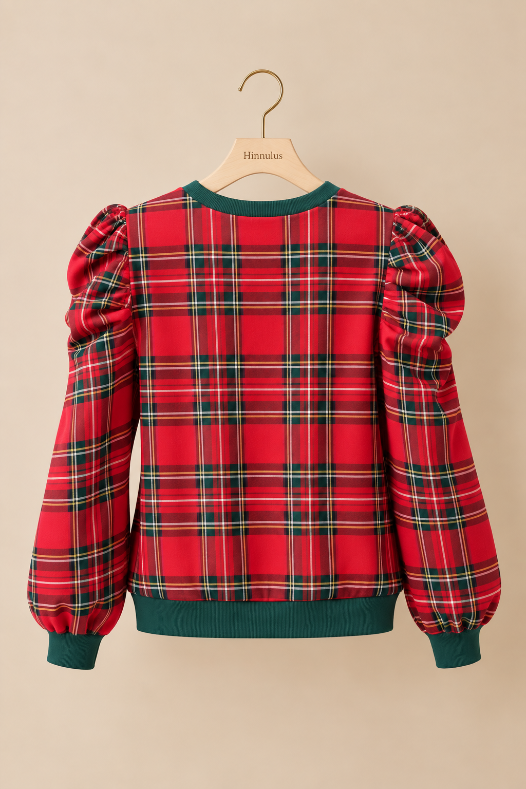 BiBi Christmas Plaid Exaggerated Shoulder Sleeves Top