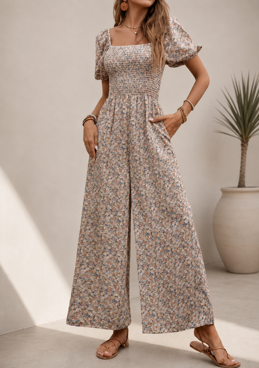 Floral Smocked Puff Sleeve Jumpsuit