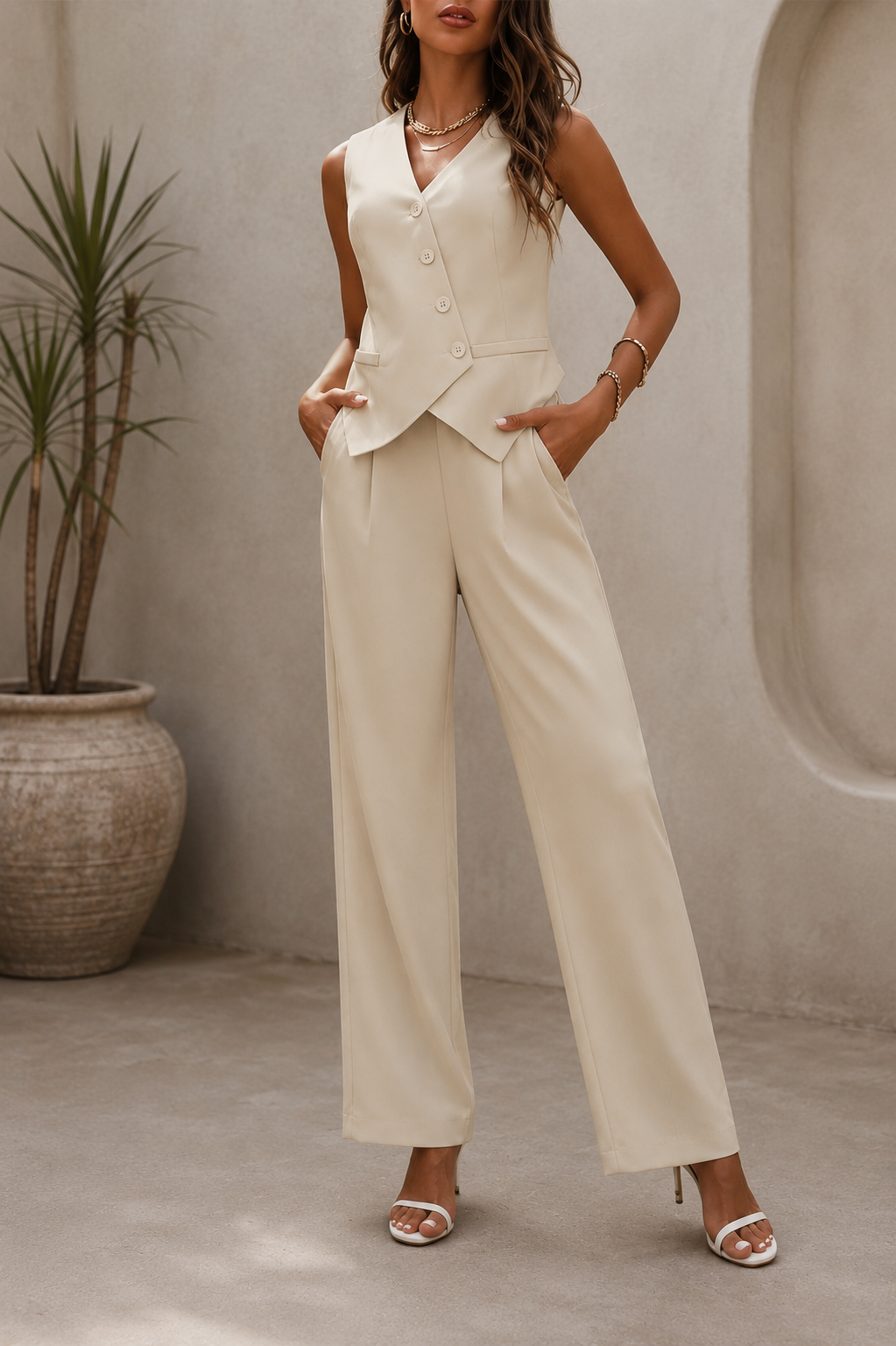 Buttoned V-Neck Vest & Pants Set