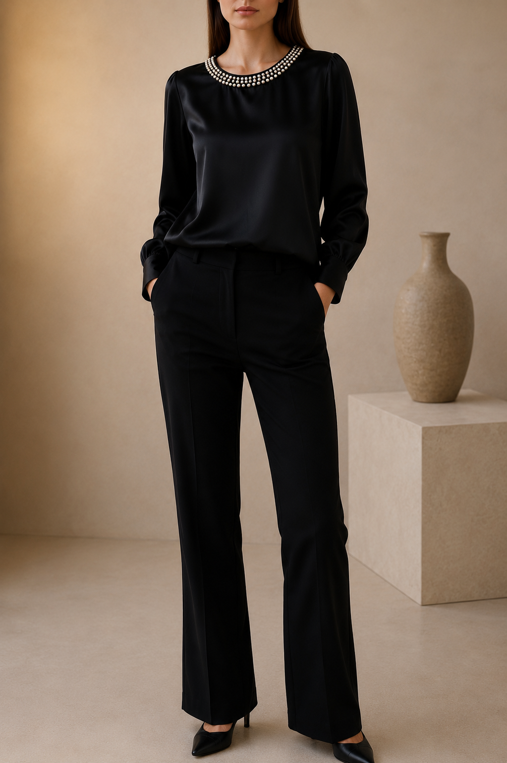 Pearl Trim Round Neck Silk Blouse