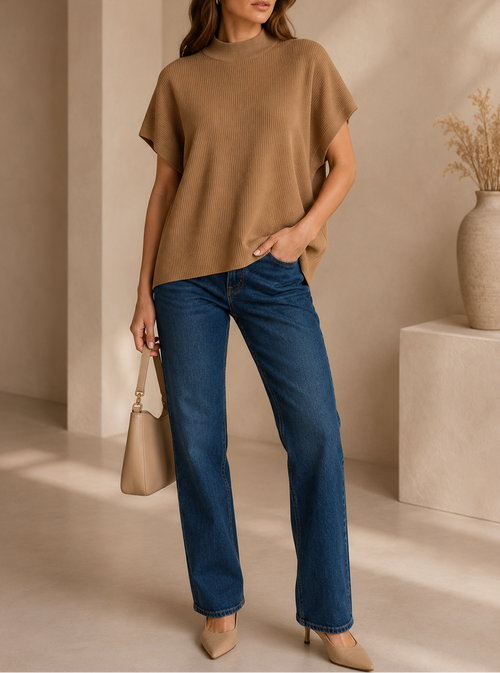 Zenana Viscose Mock Neck Short Sleeve Boxy Sweater