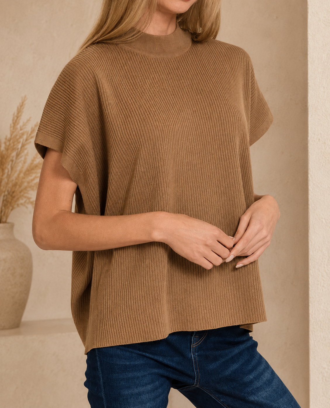 Zenana Viscose Mock Neck Short Sleeve Boxy Sweater