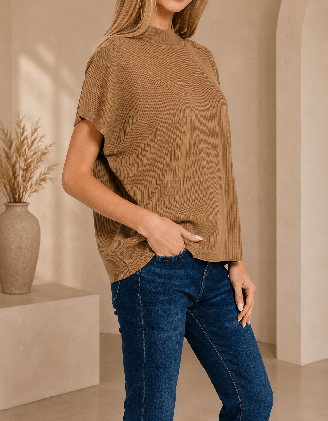 Zenana Viscose Mock Neck Short Sleeve Boxy Sweater