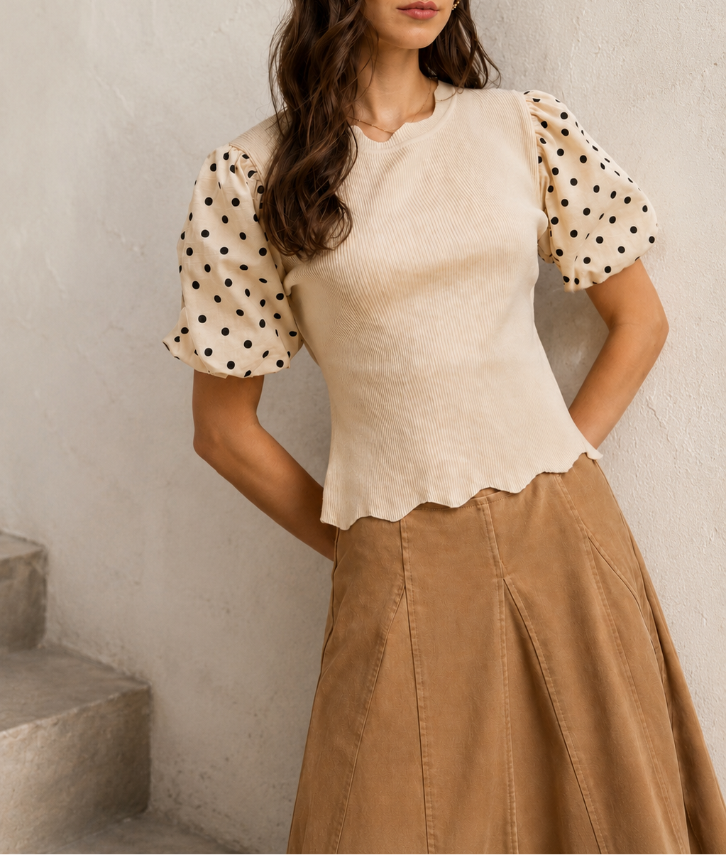 Polka Dot Balloon Sleeve Blouse