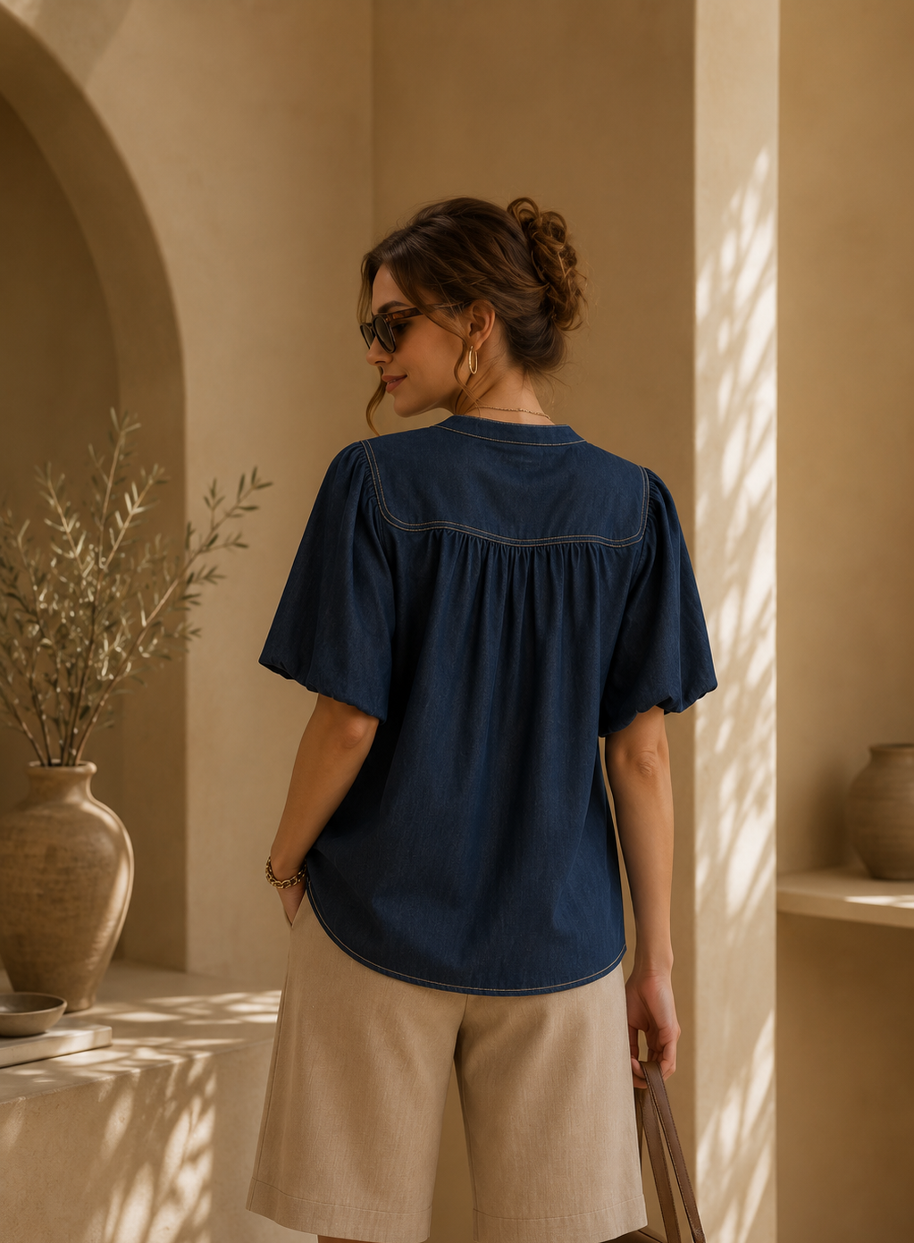 Vintage Denim Puff Sleeve Blouse | Women’s Cotton Denim Top