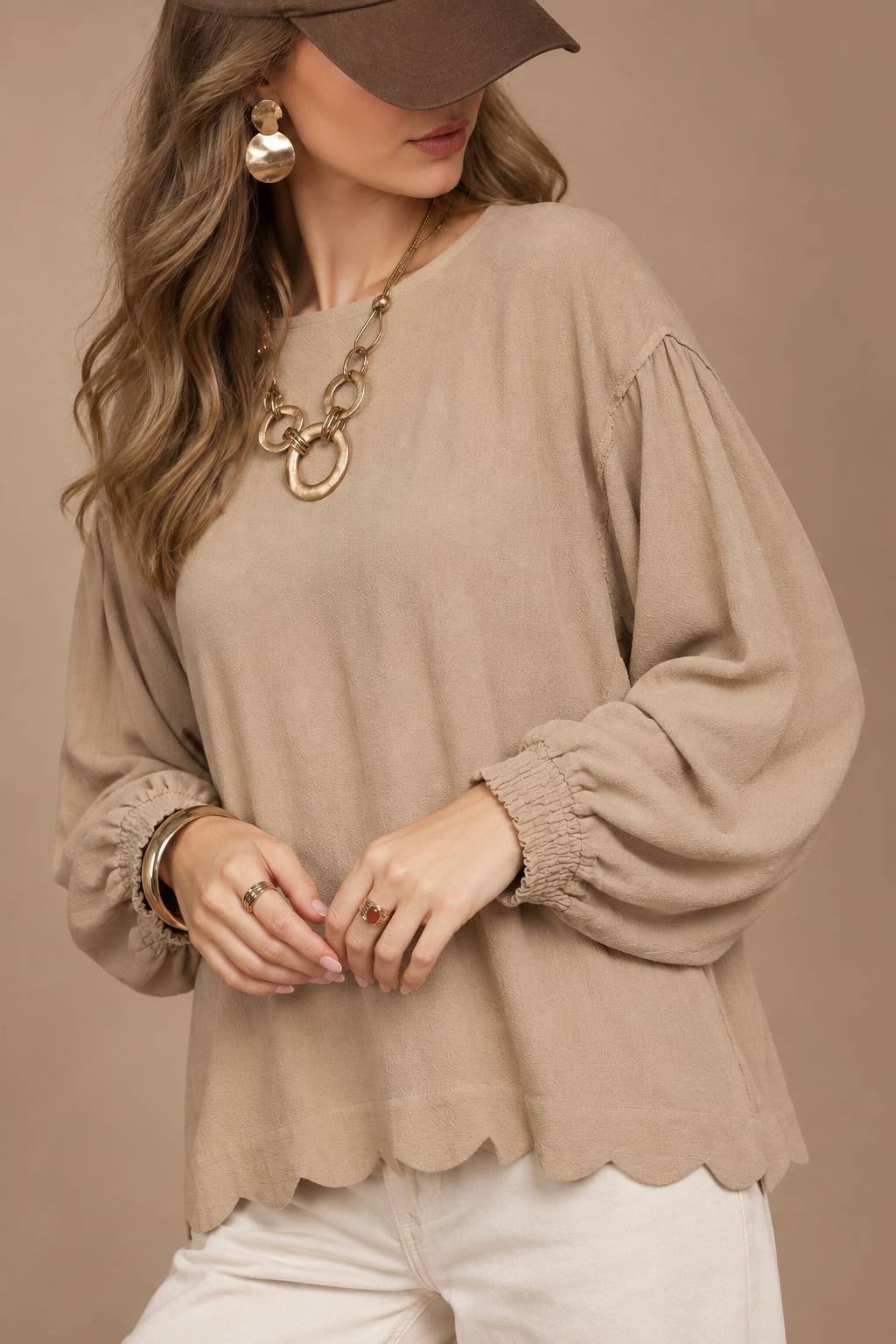 Linen Scallop Hem Long Sleeve Blouse