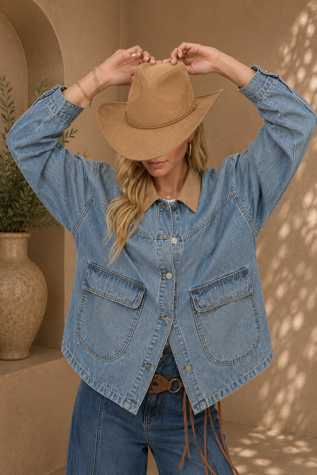 BiBi Washed Denim Jacket with Contrast Collar Detail