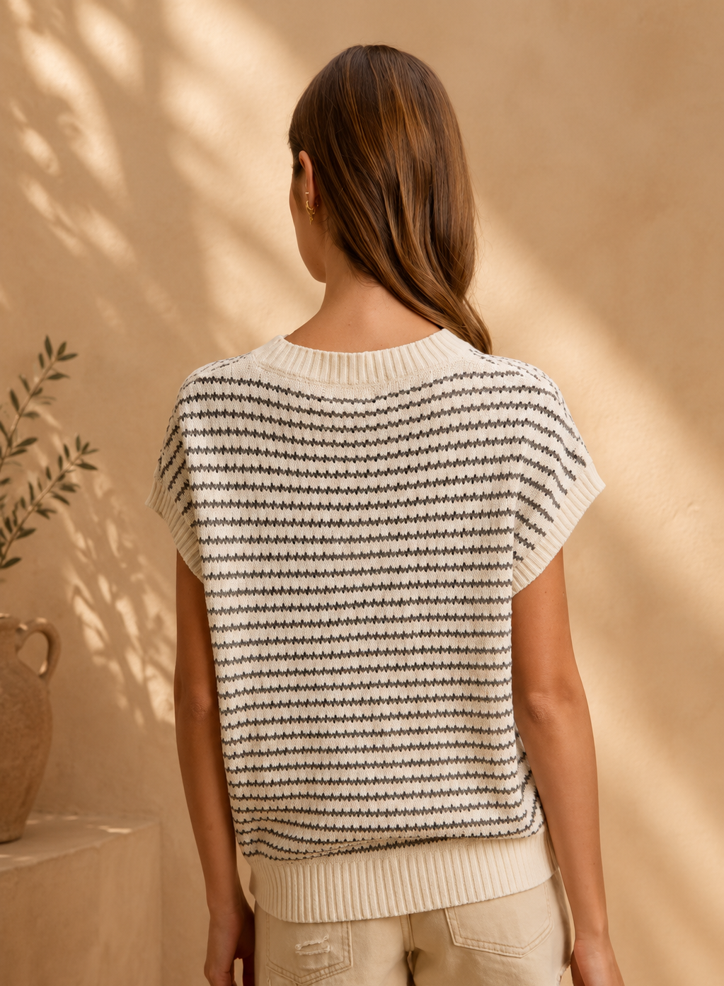 BiBi Pointelle Stripes Sleeveless Drop Shoulder Lightweight Sweater Top