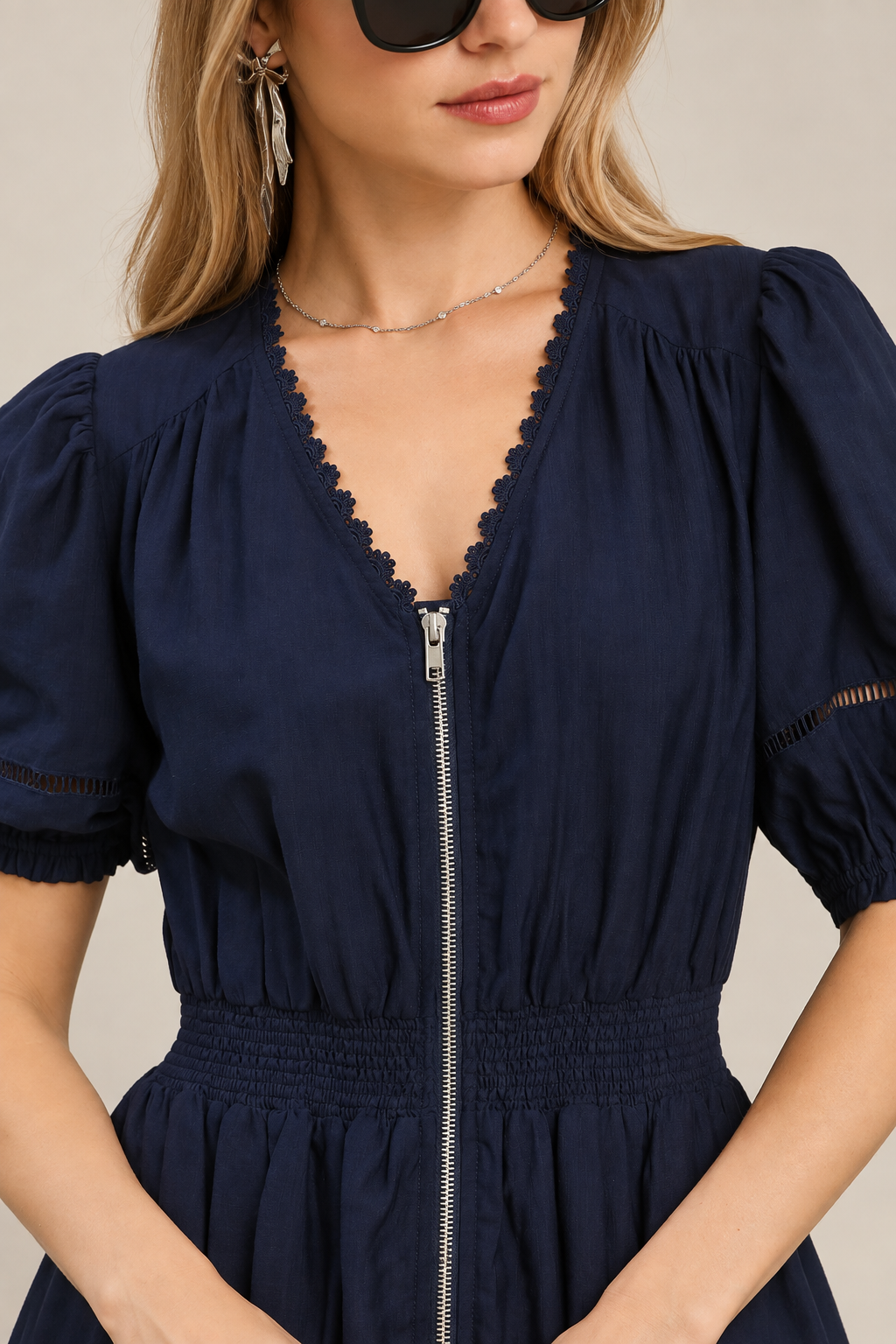 Umgee Zip-Front Smocked Waist Midi Dress