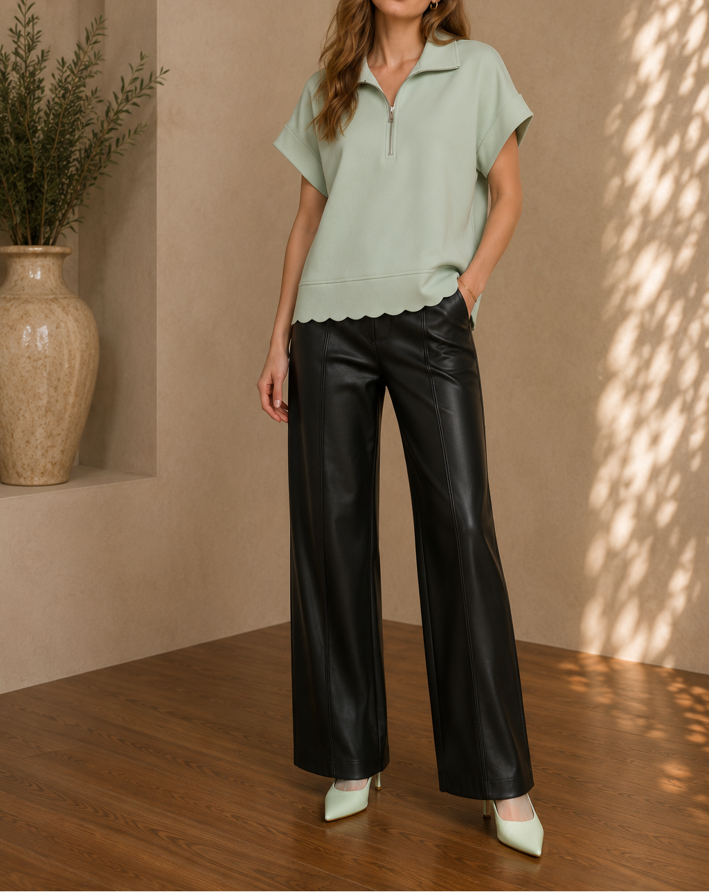 Half-Zip Scalloped Knit Pullover