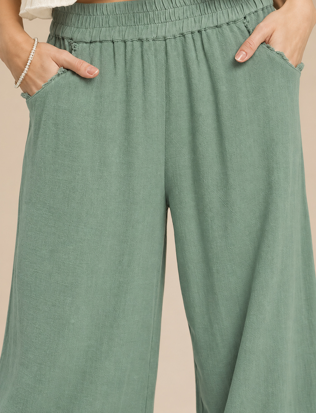 Umgee Linen Wide Leg Cropped Pants with Lace Trim