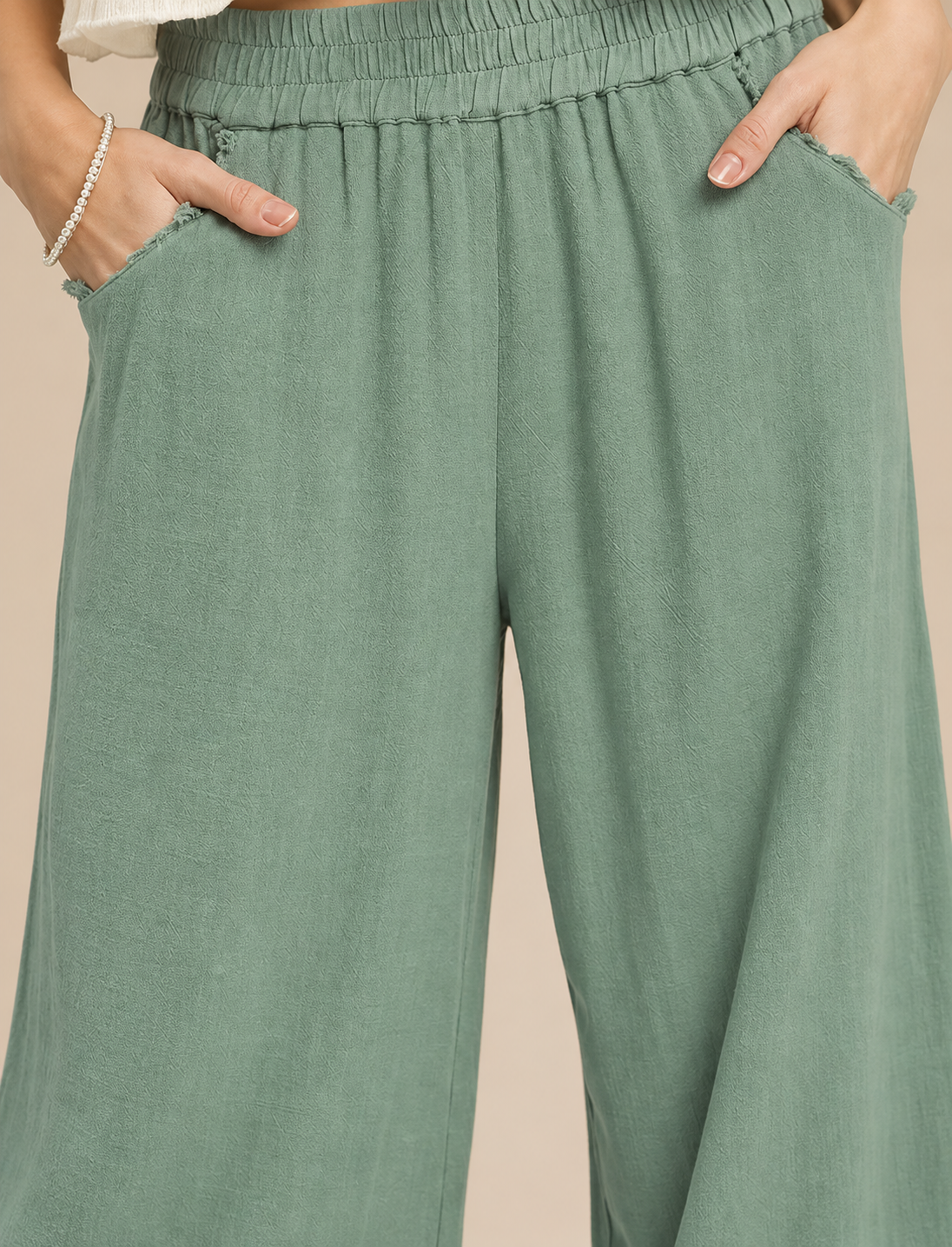 Umgee Linen Wide Leg Cropped Pants with Lace Trim