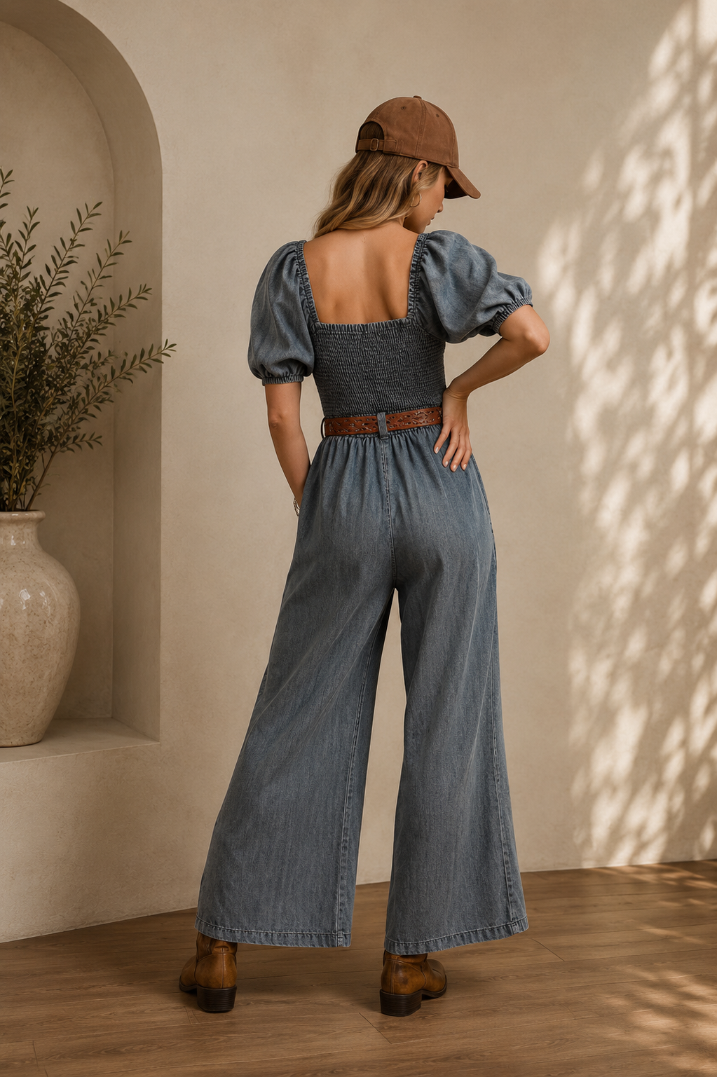 BiBi Smocked Washed Puff Sleeve Square Neck Denim Jumpsuit