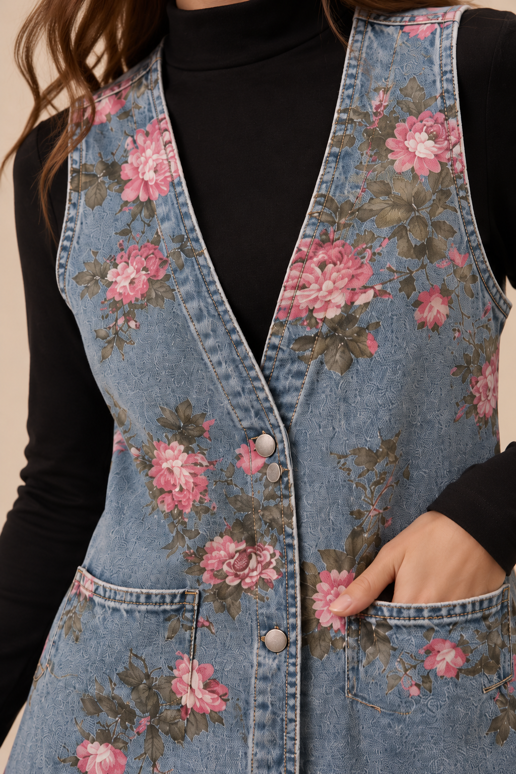 BiBi Floral Print Washed Denim Long Rider Vest