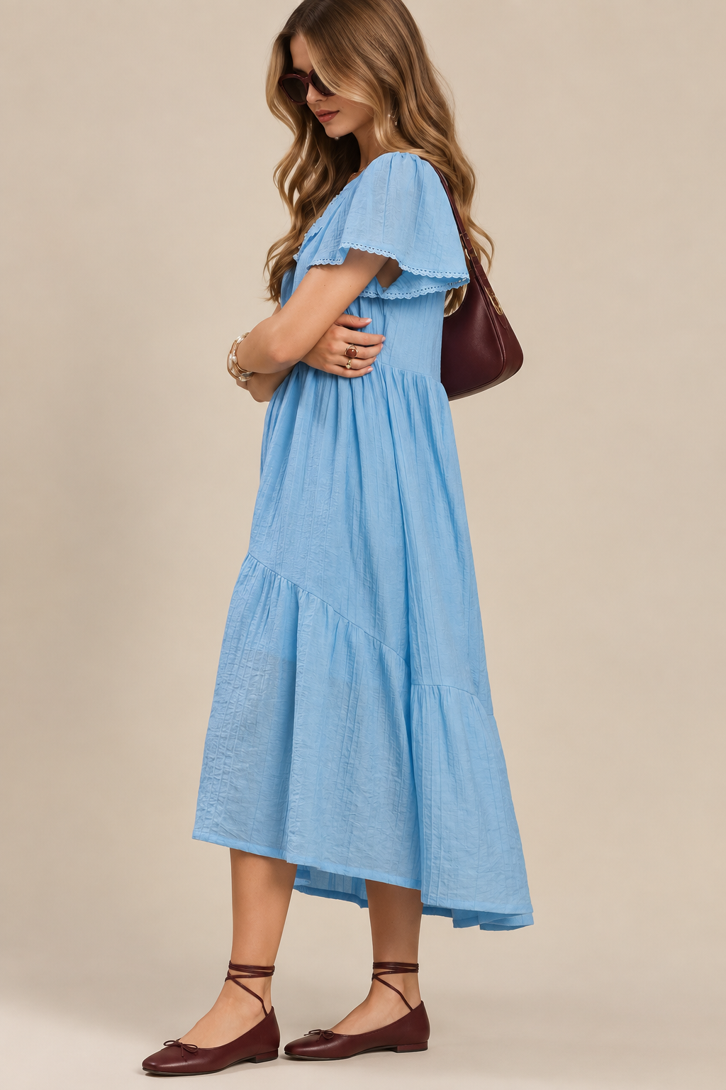Textured Tiered Midi Dress with Lace Detail