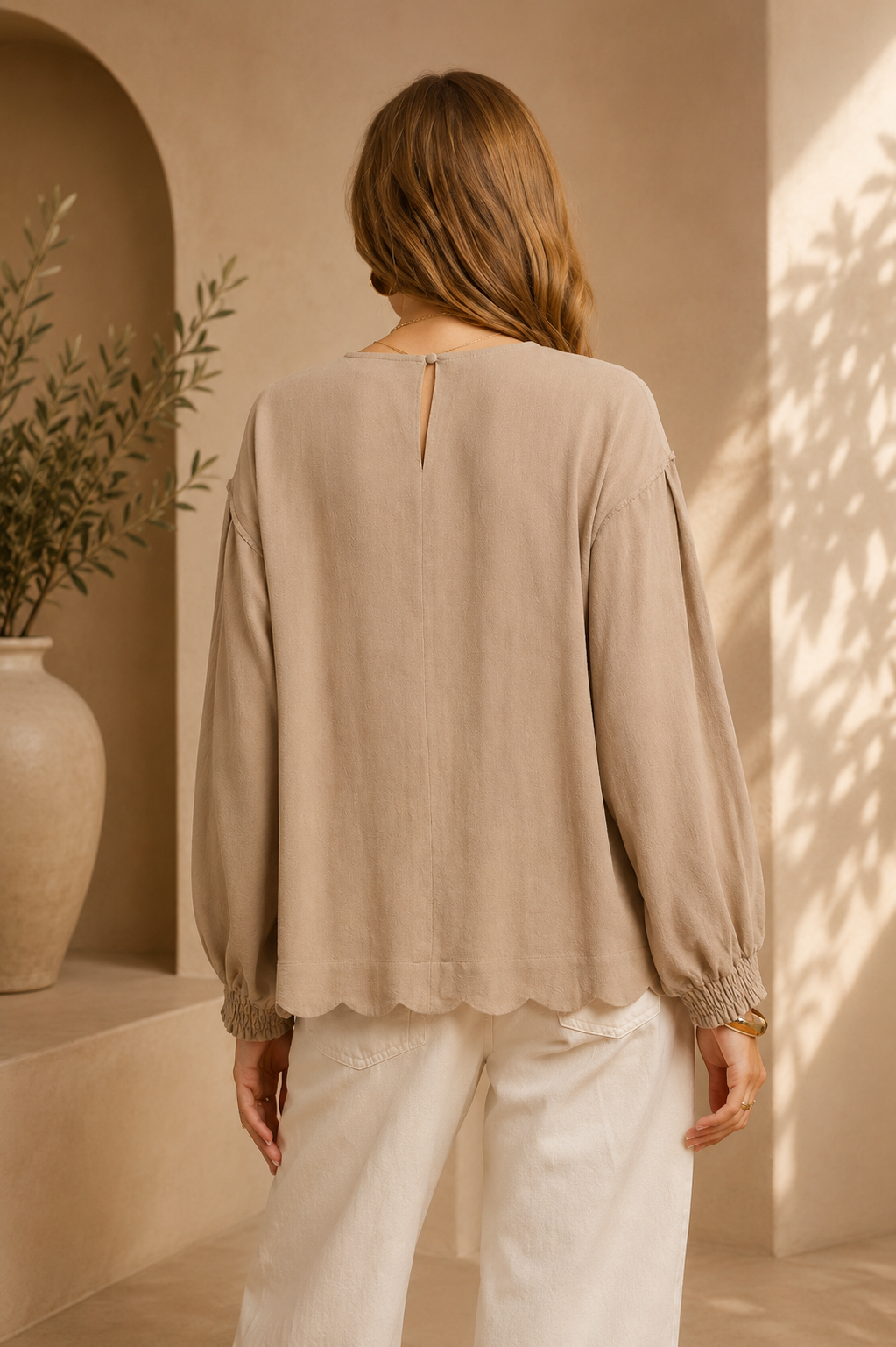 Linen Scallop Hem Long Sleeve Blouse