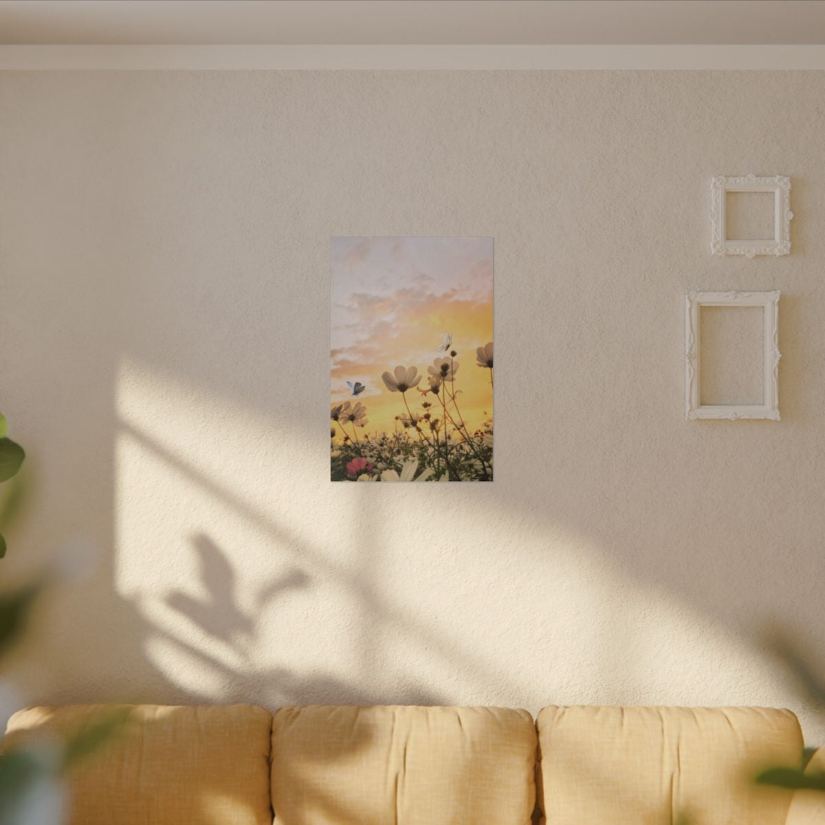 Sunset Wildflower Canvas Print — Meadow Flowers with Butterflies Wall Art