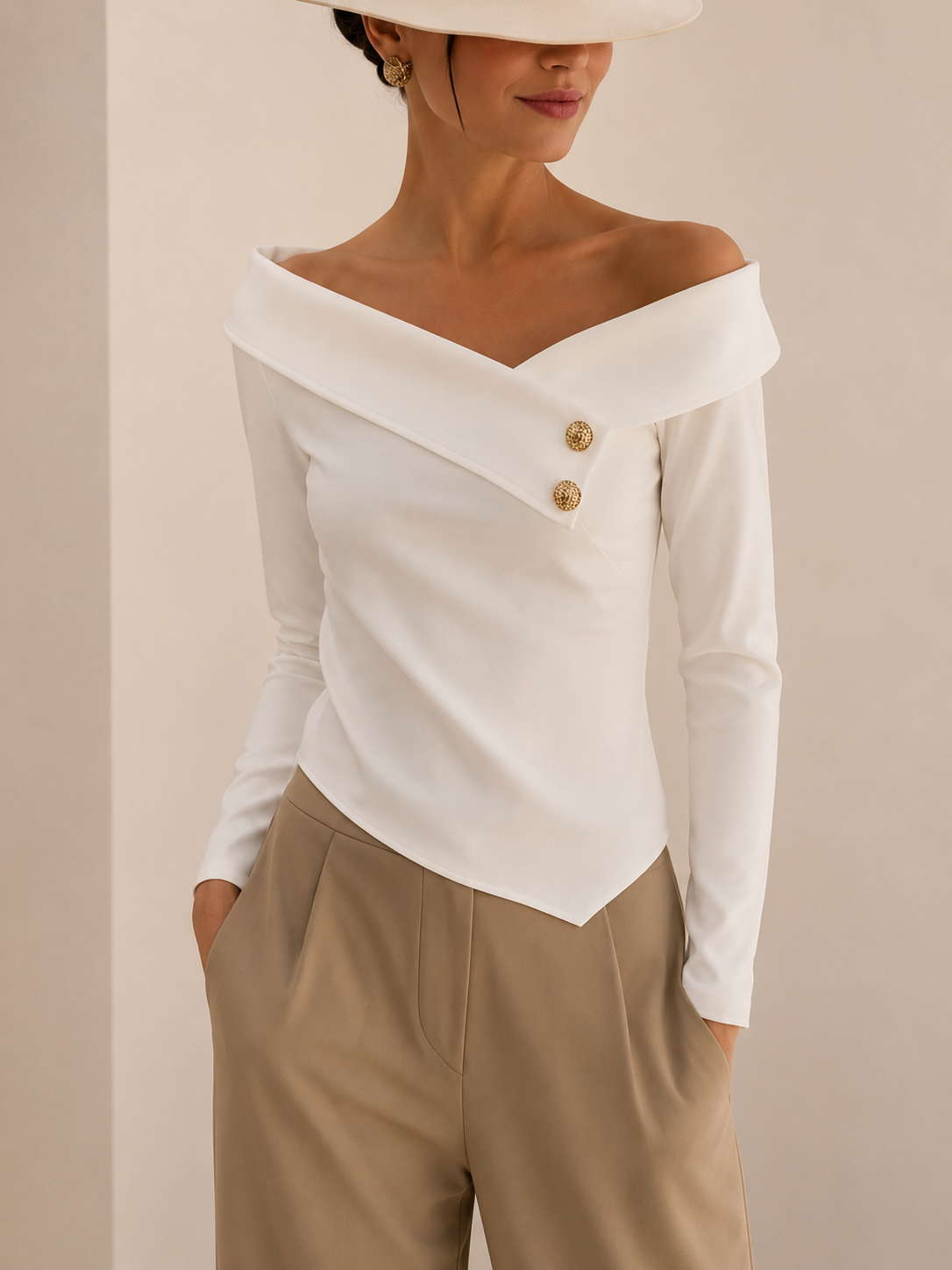 Off-Shoulder Button Detail Blouse