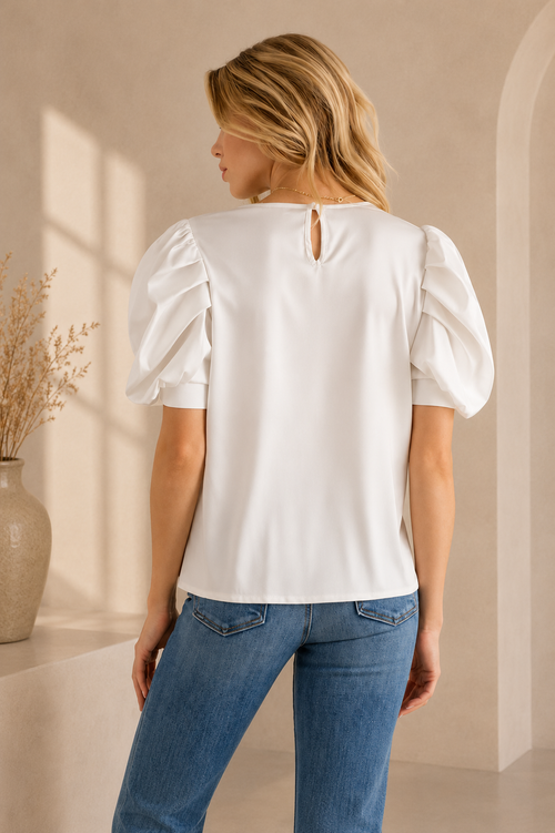 And The Why Plain Satin Puff Shirring V Neck Blouse Top
