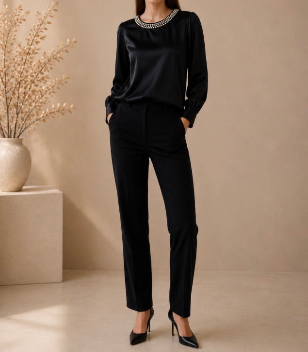Pearl Trim Round Neck Silk Blouse
