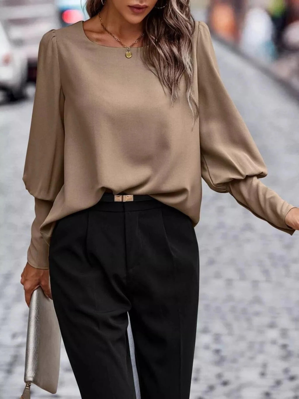Back Button Lantern Sleeve Blouse - Hinnulus